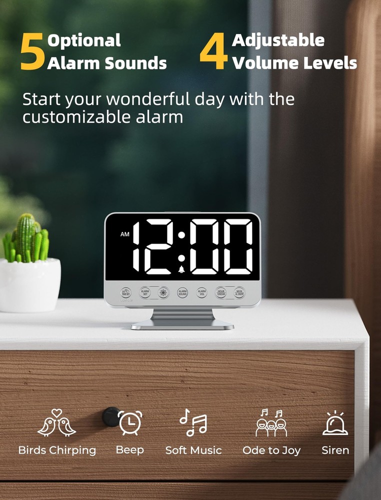 Odokee Digital Alarm Clocks for Bedrooms: Large Bold Silver - White Digits