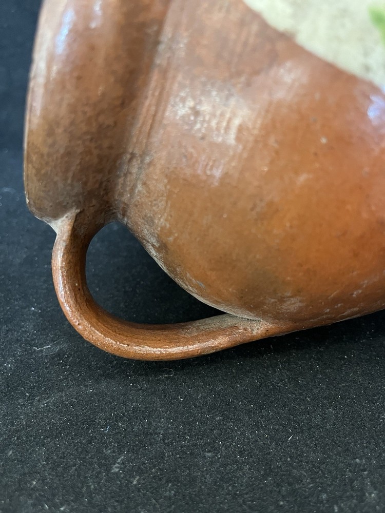 Fantastic Circa 1800’s Redware Milk Pitcher Applied Handle Painted Florals.