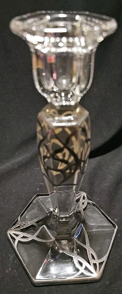 Vintage Silver Overlay  Pressed Glass  Candlestick