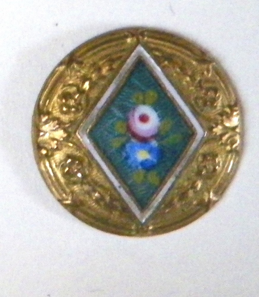 Bb Diamond Center Basse-taille!!!!!!! Enamel  ANTIQUE BUTTON Painted Rose