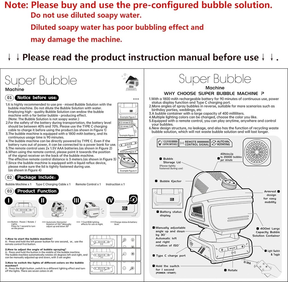 Upgraded Bubble Machine with Remote Control, Automatic Rotation & RGB Lights,...