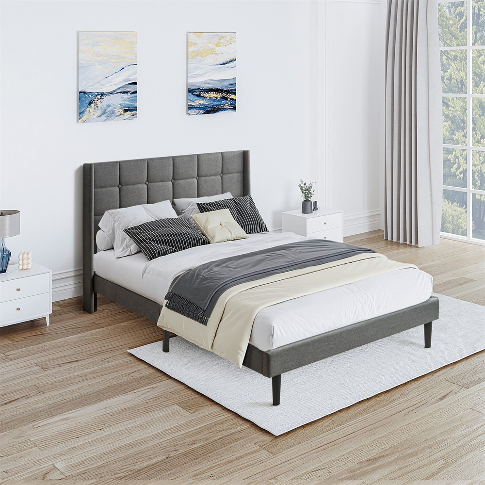 Queen Size Bed Frame Upholstered Platform Bed Frame w/ Headboard Drak Grey