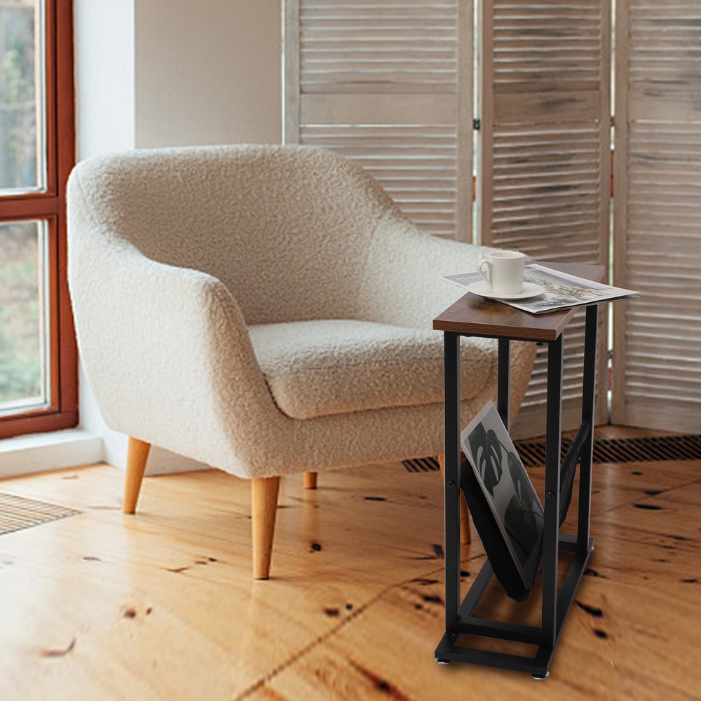 Side Table w/Magazine Holder Narrow End Table Accent Table for Small Space Brown