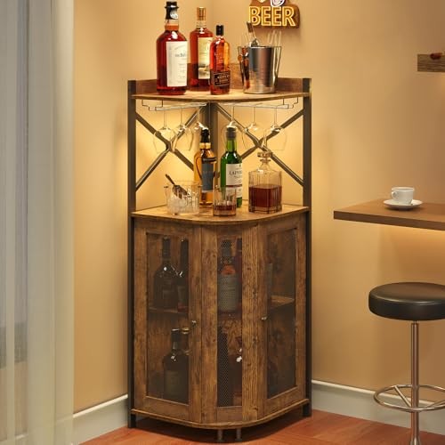 Corner Bar Cabinet with LED 4-Tier Rustic Brown with LED Lights