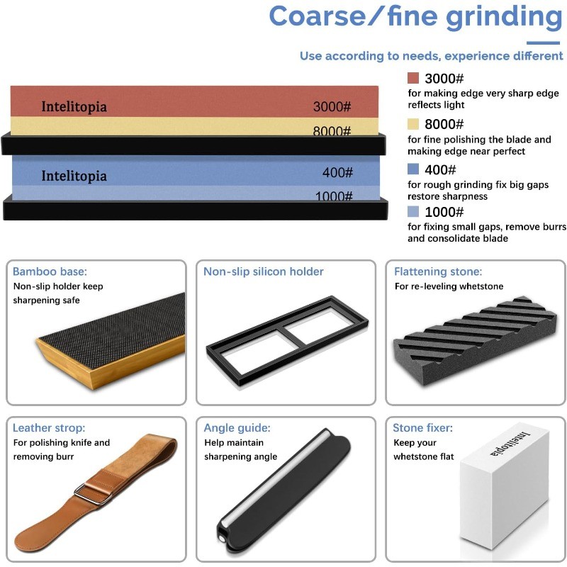 Intelitopia Dual-Grit Whetstone Set (400/1000 & 3000/8000) with Accessories