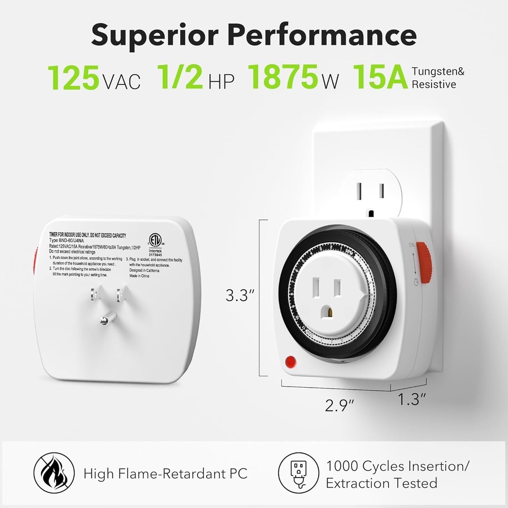 BN-LINK 24-Hour Plug-in Mechanical Timer, Mini Outlet Timer Indoor 3-Prong Plug