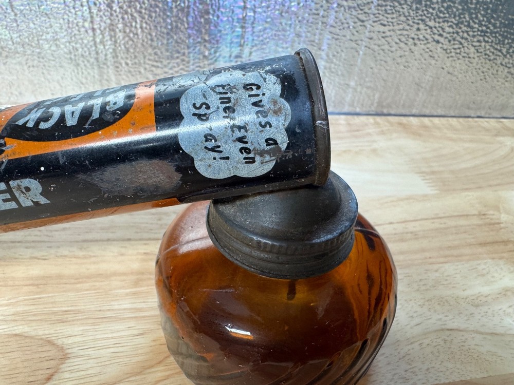 Vintage Black Flag Bug Sprayer Insect Duster with Brown Glass Container