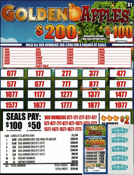 Golden Apples Single Pull Tab game, 5W Tickets