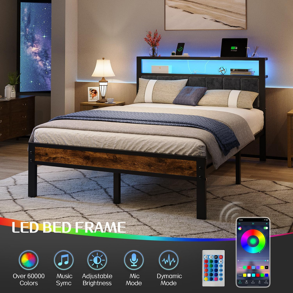 Full Size Platform Bed Frame with LED Lights, Charging Station, Grey Upholstered