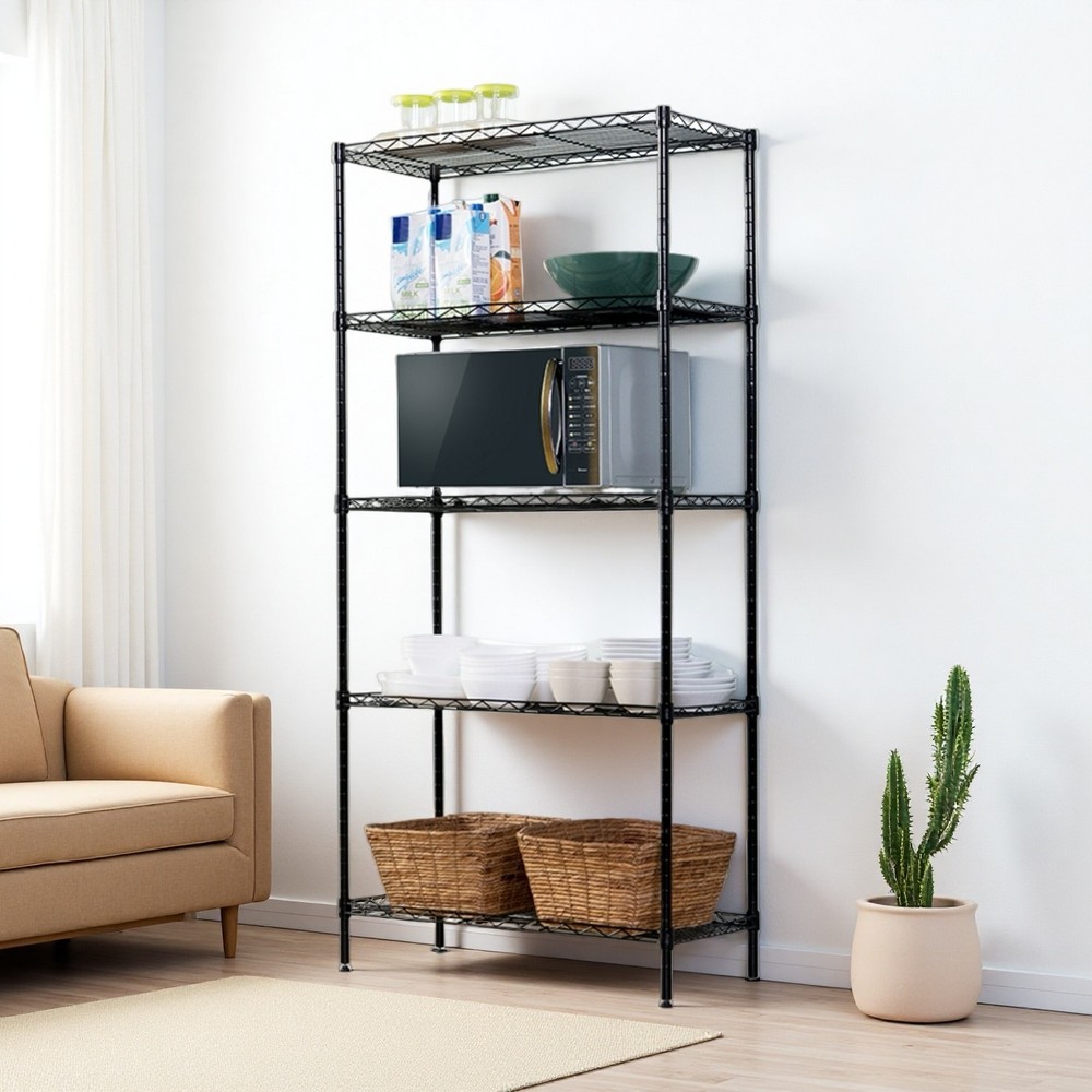 5-Tier Wire Shelving Unit - Adjustable, Black & Modular Kitchen Storage Rack