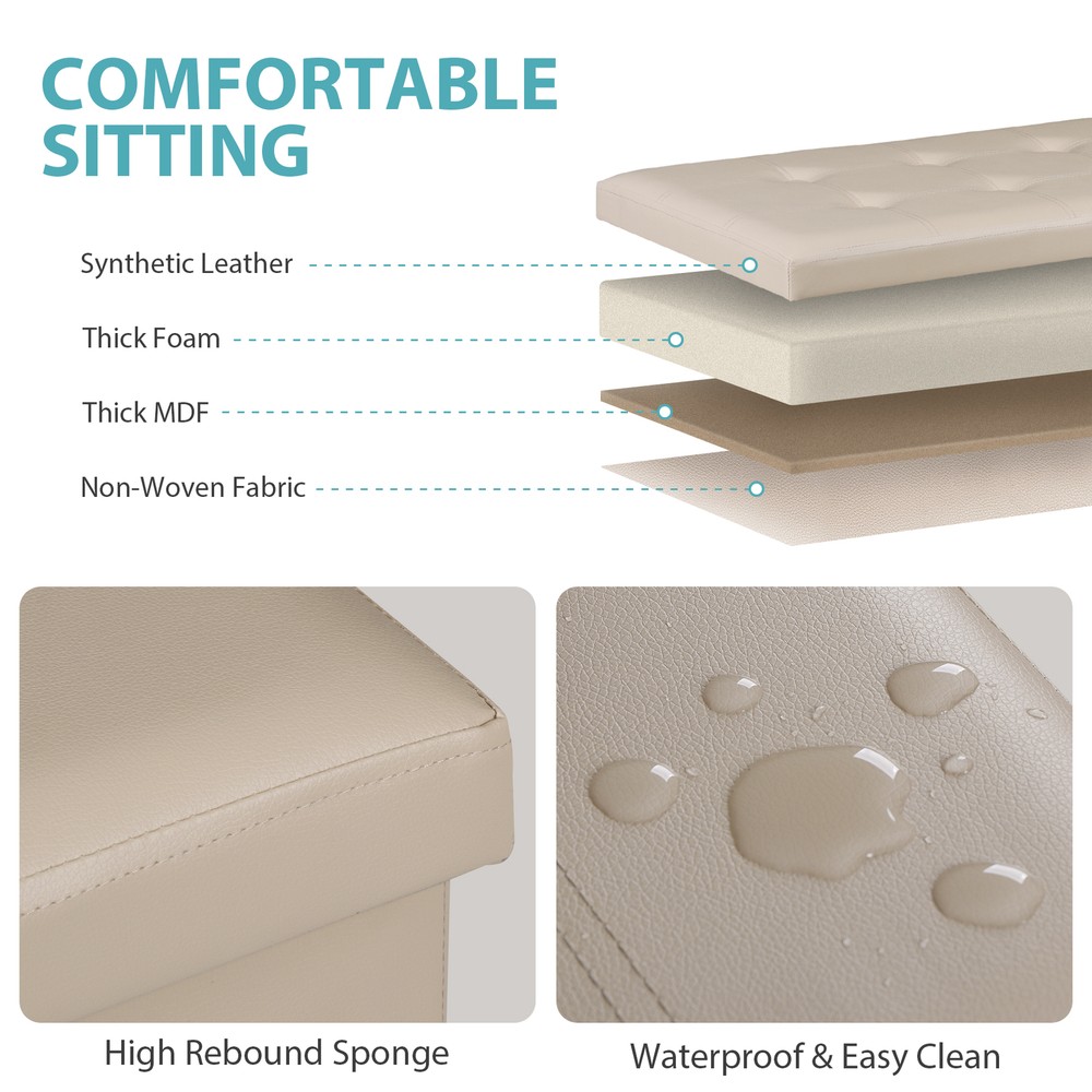 30" Folding Storage Ottoman Footstools MDF Frame Soft Leather Cover Seat Beige
