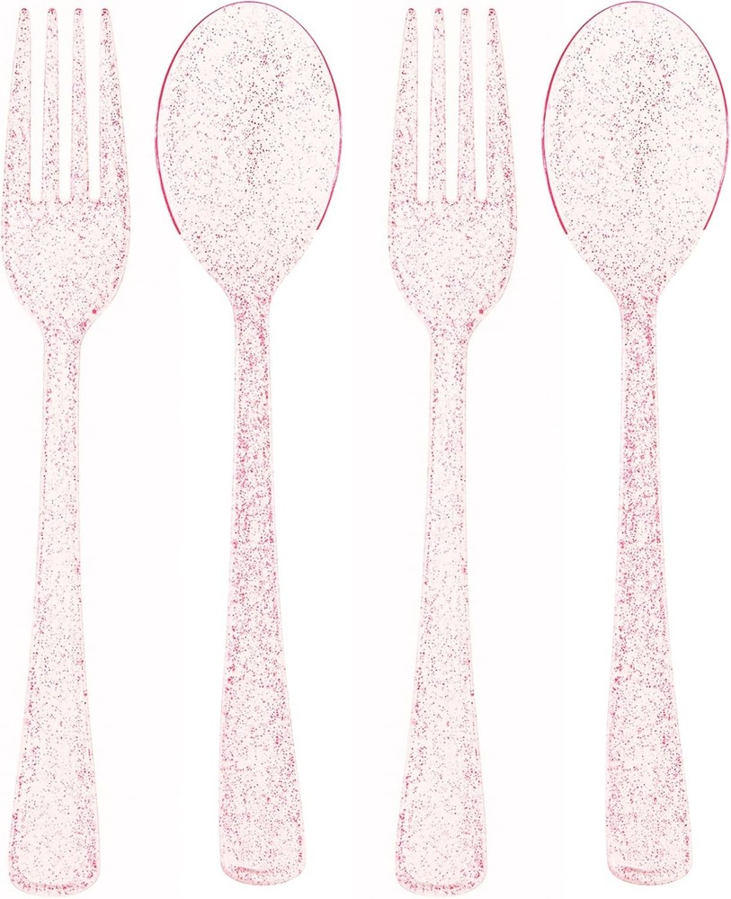 Pink Glitter Plastic Spoon and Fork Set – Durable Pink