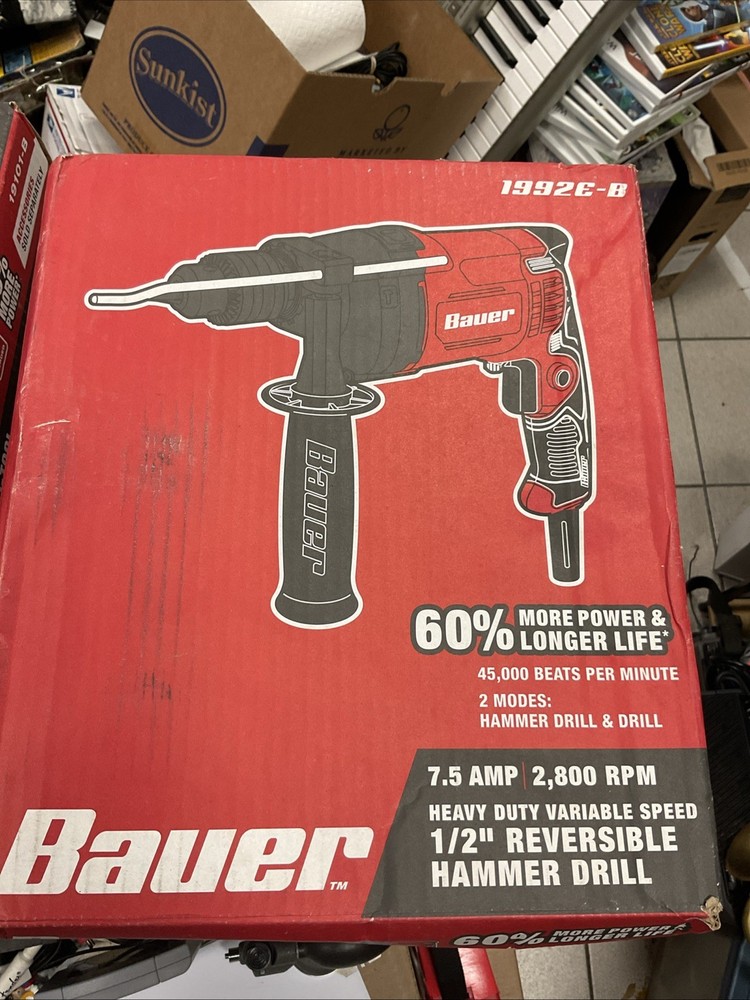 NEW Bauer Hammer Drill Tool 7.5 Amps Reversible Variable Speed Heavy Duty 1/2"