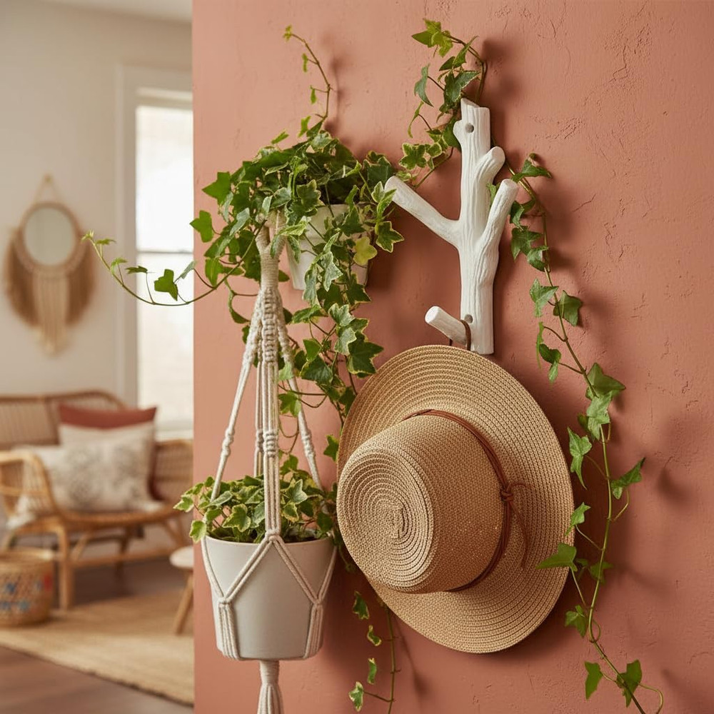 Decorative Tree Branch Wall Hook, White Cast Iron Double Key Hanger