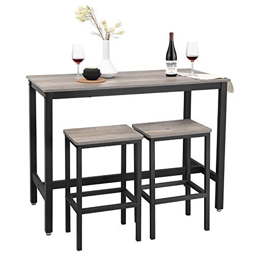 Bar Table Set, Bar Table with 2 Bar Stools, Breakfast Bar Table Greige + Black