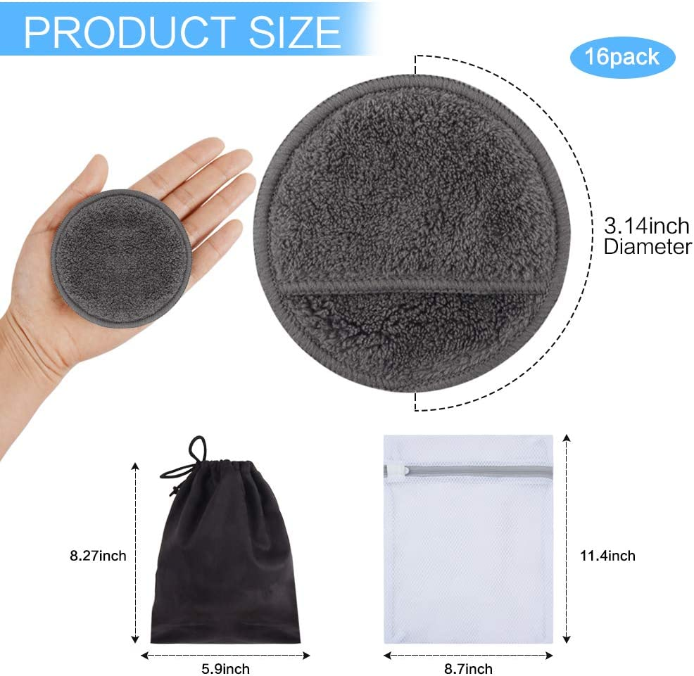 Reusable Makeup Remover Pads for Face,Eye,Lips 16 Pack Microfiber