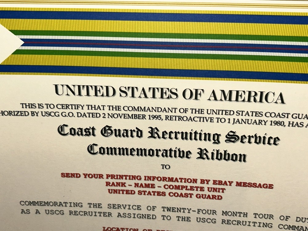 COAST GUARD RECRUITING SERVICE COMMEMORATIVE CERTIFICATE ~ W/PRINTING TYPE-1
