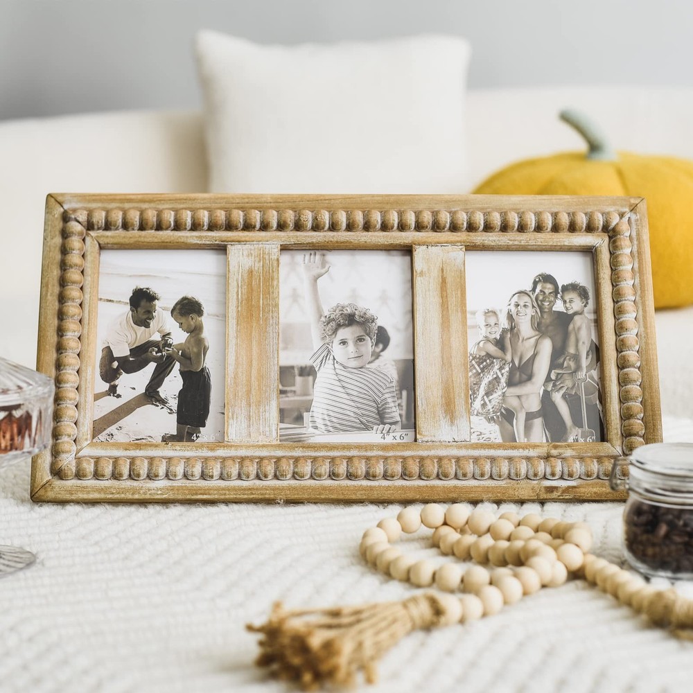 Rustic Distressed Picture Frames Collage with Decorative Beads, 3 Opening 4x6...