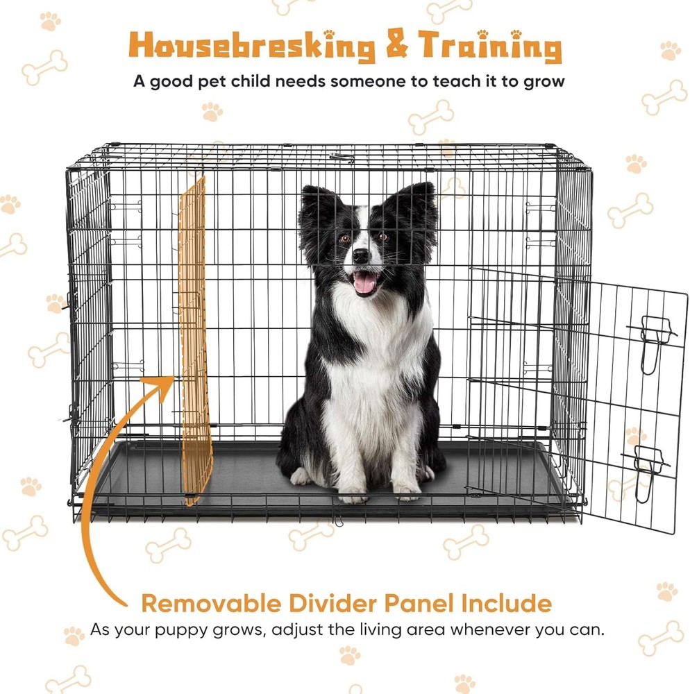 Dog Crate Double Door Dog Cage with Divider Panel Plastic Leak-Proof Pan Tray