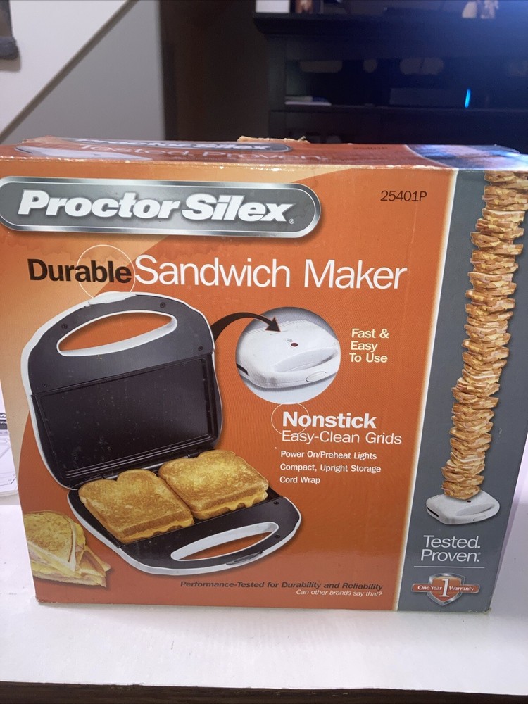 Sandwich Maker, Proctor Silex Nonstick Surface, White, Model 25401P