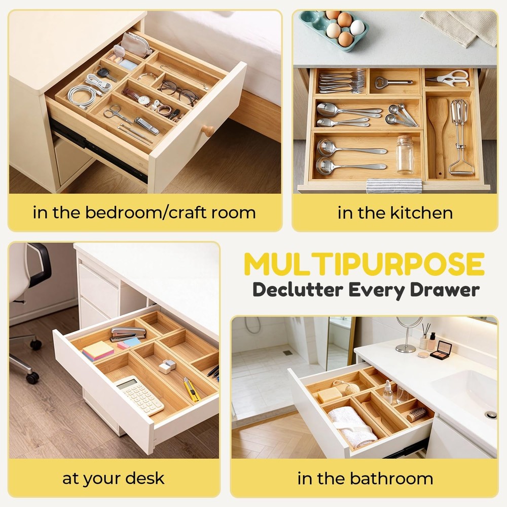 lilLittle Bamboo Drawer Organizer 5 Pcs Kitchen Organizer Set, Multi Purpose