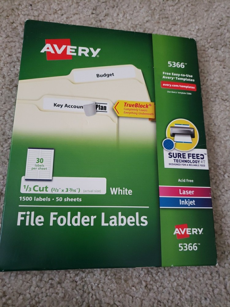 Avery 5366 File Folder Labels 49 Sheets 1470 Labels (2/3" x 3 7/16") Open Box