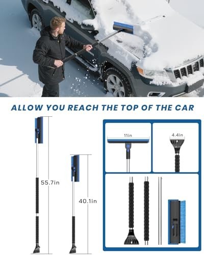 Extra Long 55.7" Ice Scraper for Car Windshield - Multi-Functional Snow Brush wi