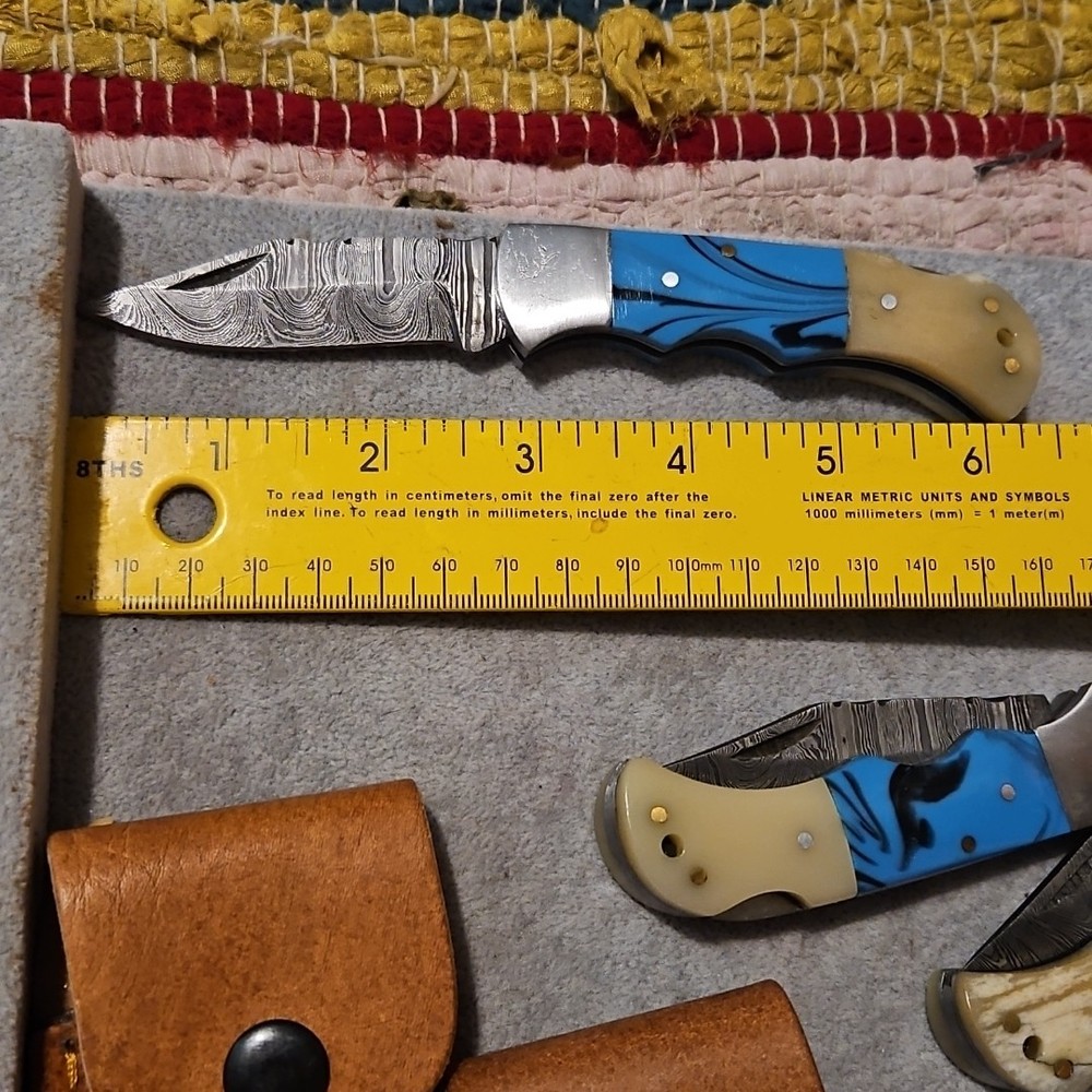 3 Damascus Folding Pocketknives Blue Bone Handle