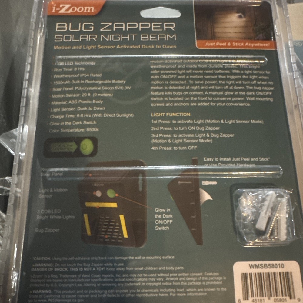 i-Zoom Bug Zapper Solar Night Beam MOTION & LIGHT SENSOR ACTIVATED