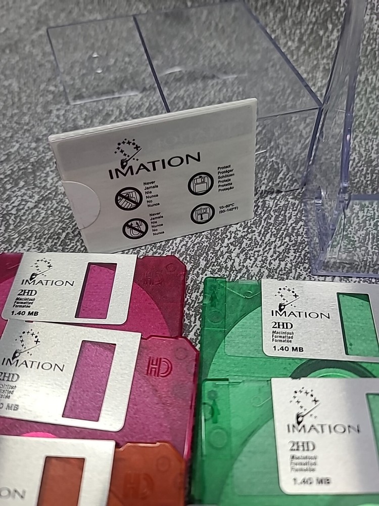 (9) Imation Neon Diskettes MAC Formatted 2HD 1.40 MB 3.5" Blank Media Open Case.