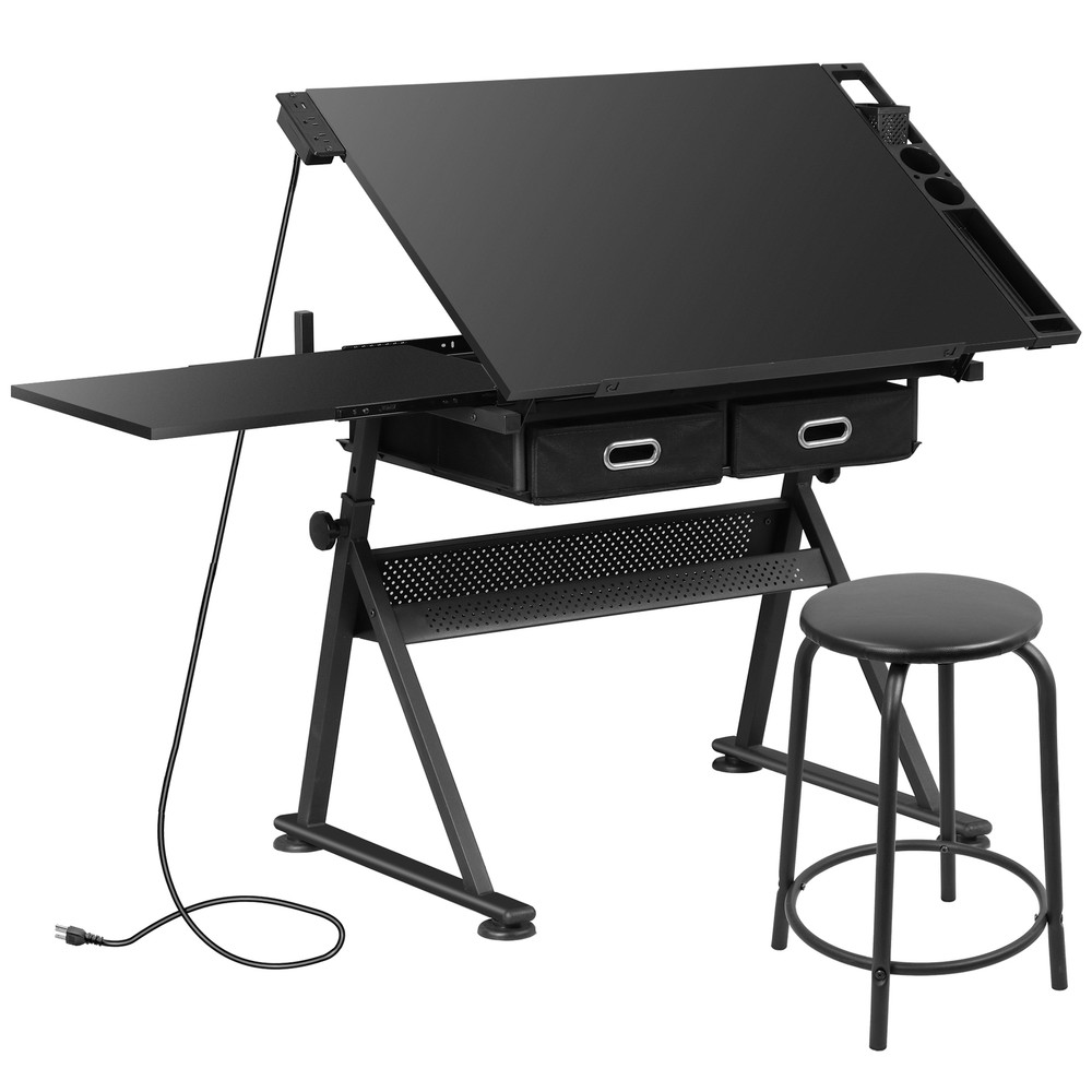 Adjustable Drafting Table with Stool Drawing Desk Artist Table with Outlet Black