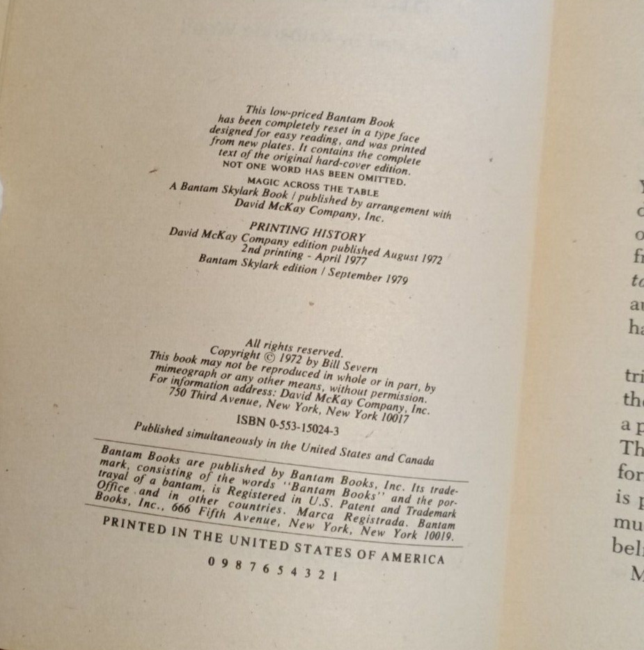Magic Across The Table; Severn, Bill, 1973 - Magic Book