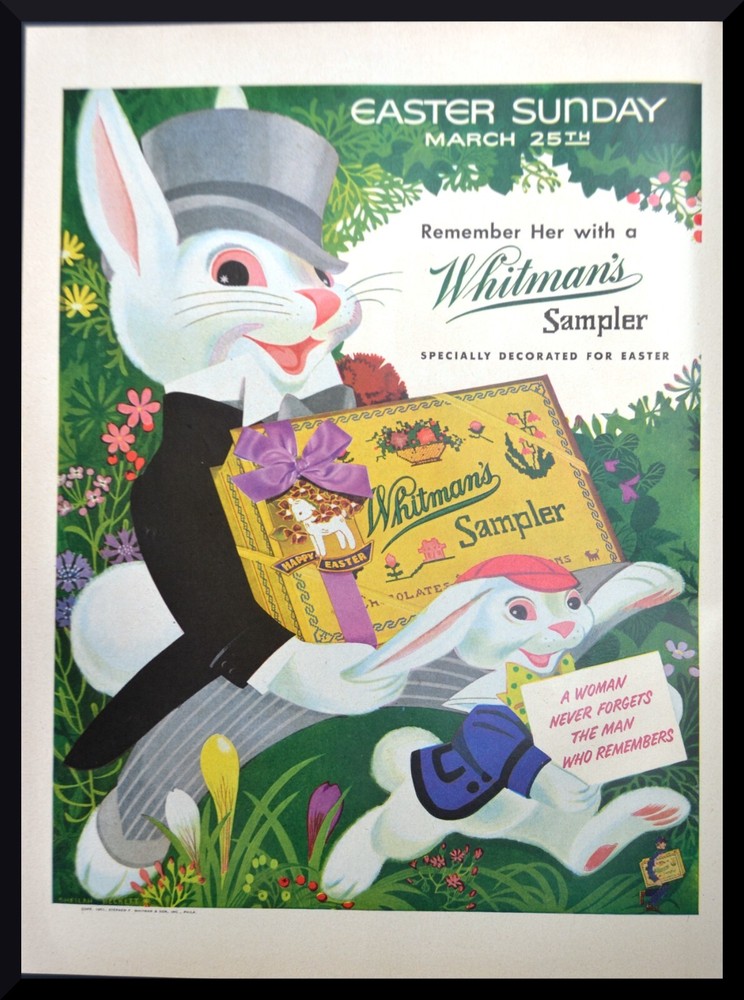 Original 1951 Print Ad WHITMAN'S SAMPLER Chocolates Easter Bunny RARE