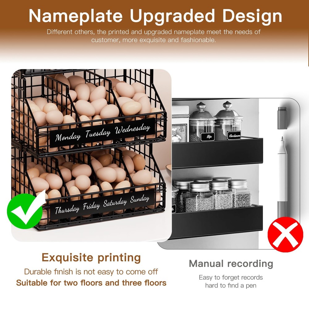 Egg Holder Countertop with Dividers & Labels, 3 Tier Stackable Chicken Egg Ho...
