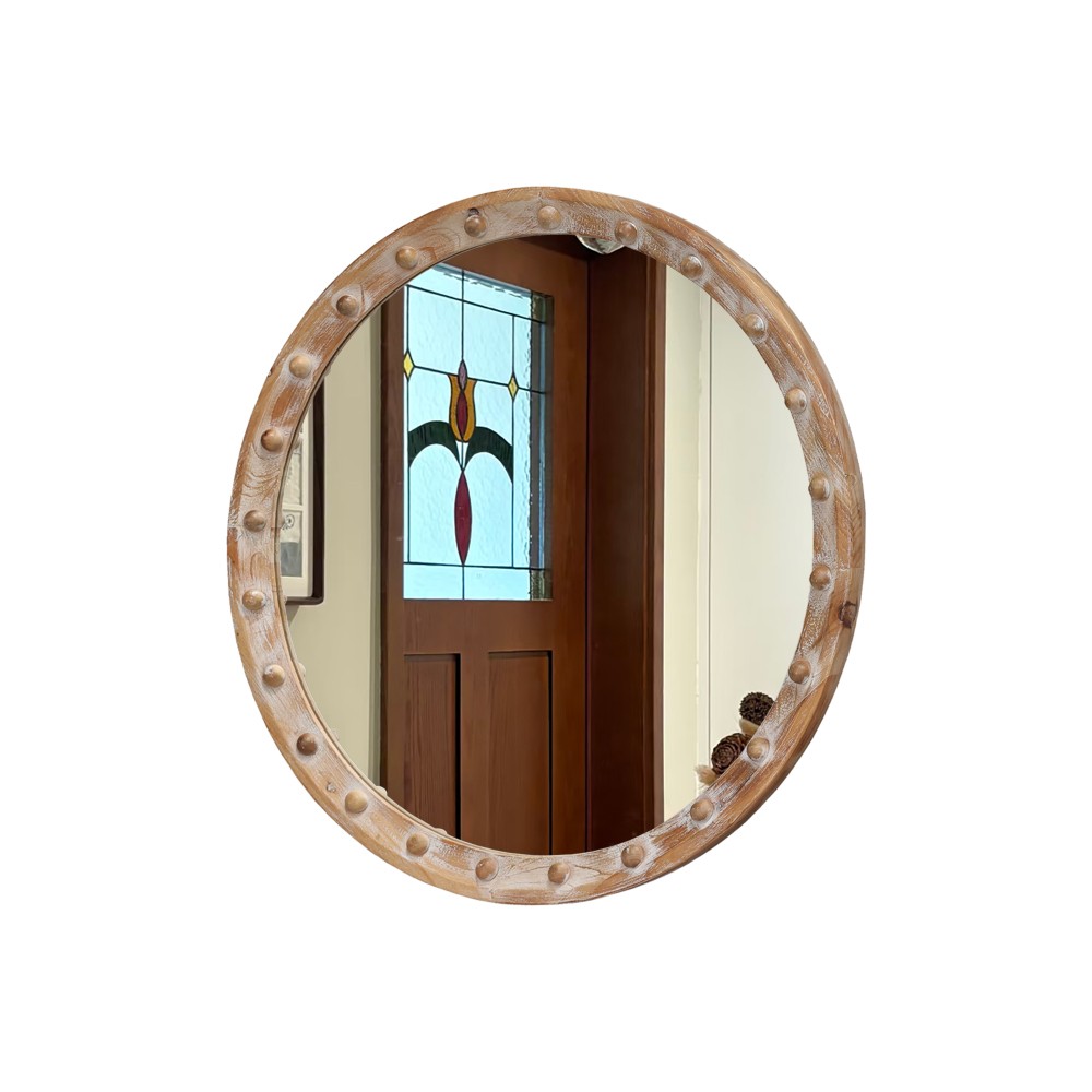 Rustic Round Wall Mirror 24" Distressed Wood Frame w/ Rivets Decor