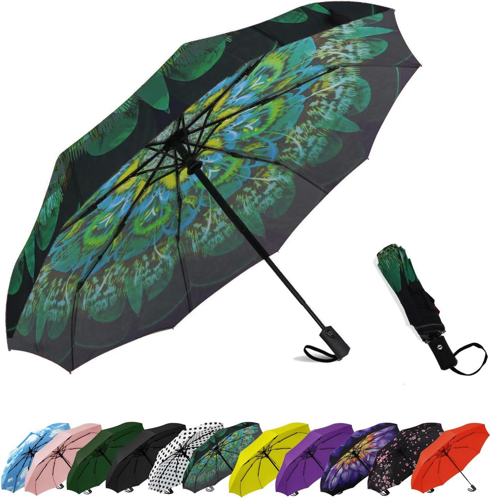 Windproof Compact Travel Umbrella – Automatic Folding (Green Peacock)
