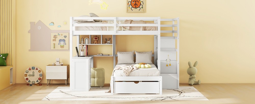 Twin Bunk Bed with Desk, Drawers & Bookcase, White Solid Wood Storage