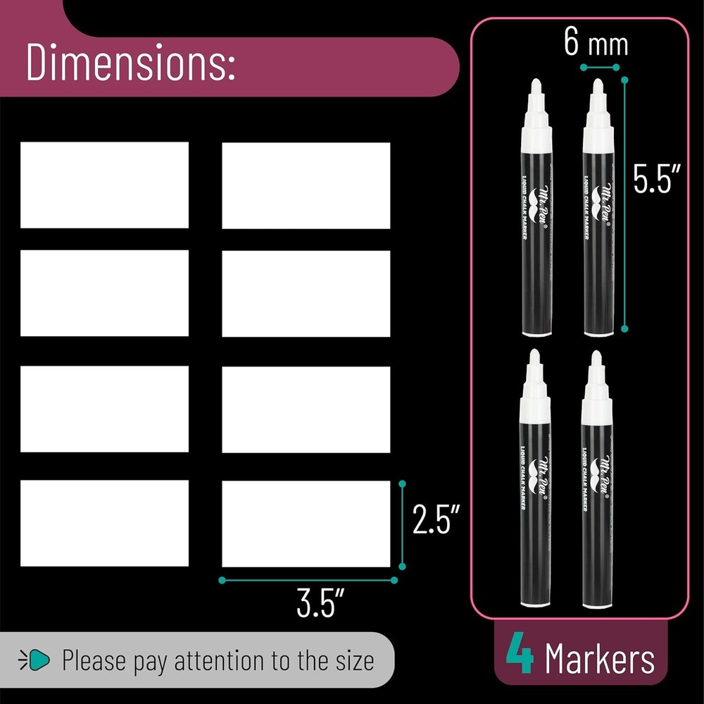 White Chalk Markers for Blackboard, 4 Pack, 8 labels