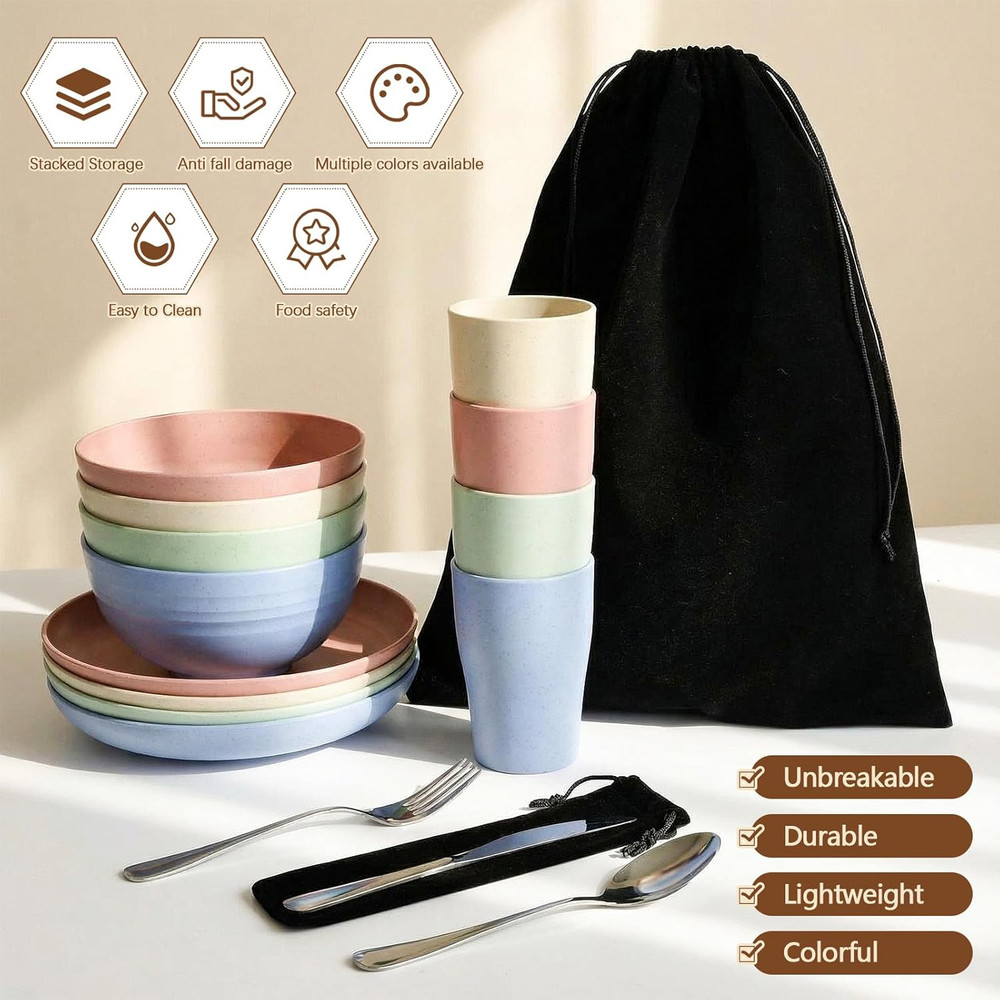 4 Sets Camping Mess Kits for 4 Person Camping Silverware Set Include Cup, Bowl,
