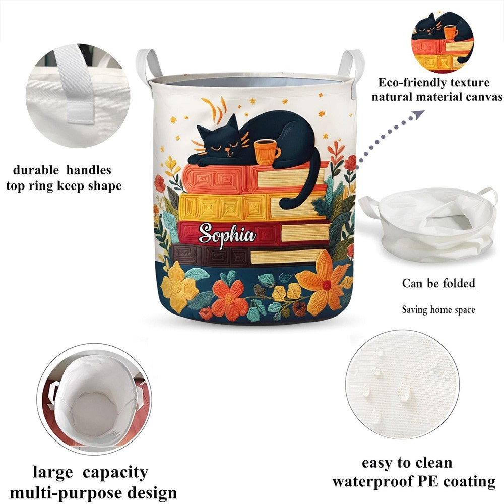 Personalized Cat Laundry Basket Book Lover Storage Hamper Custom Name Bedroom