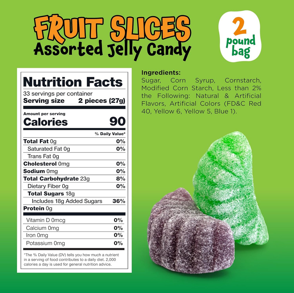 Fruit Slices - 2 Pound Bulk Pack (65 Count) - Assorted Fruit Jelly Candy - Unwra