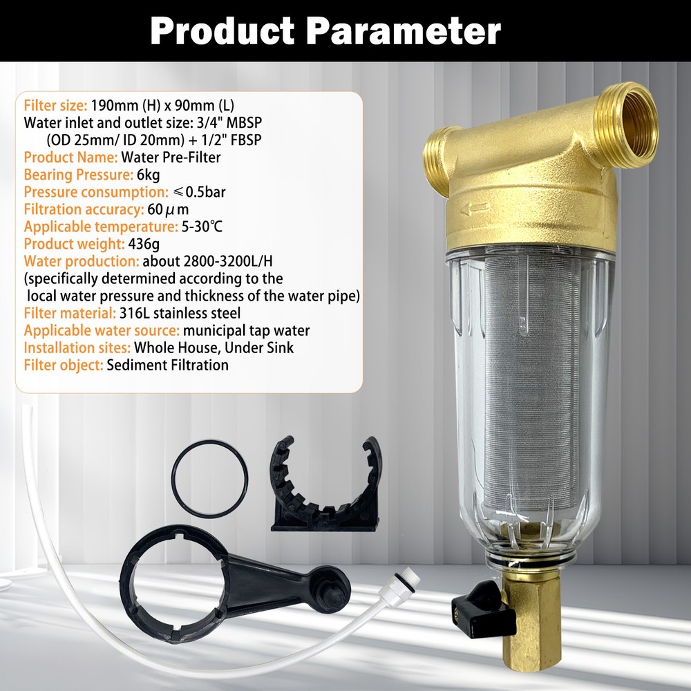 Water Pre Filter System 3/4" Tap Well Sediment Whole House Spin Down Filter 60μm