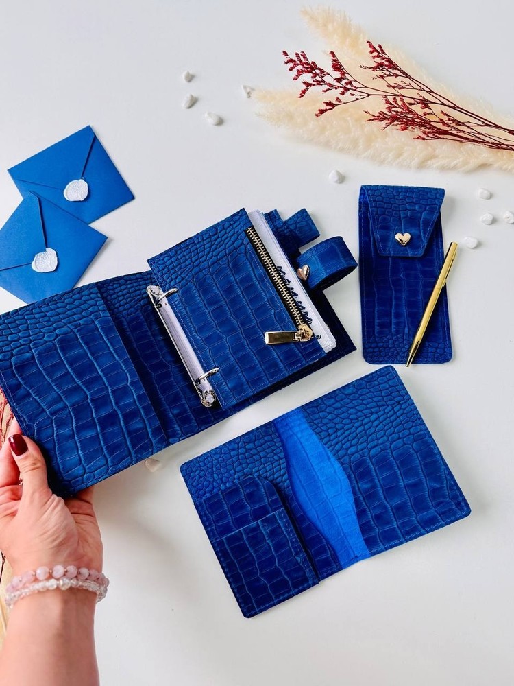 Blue leather notebook cover A7 2 rings mini wallet, Mini Planner Binder.