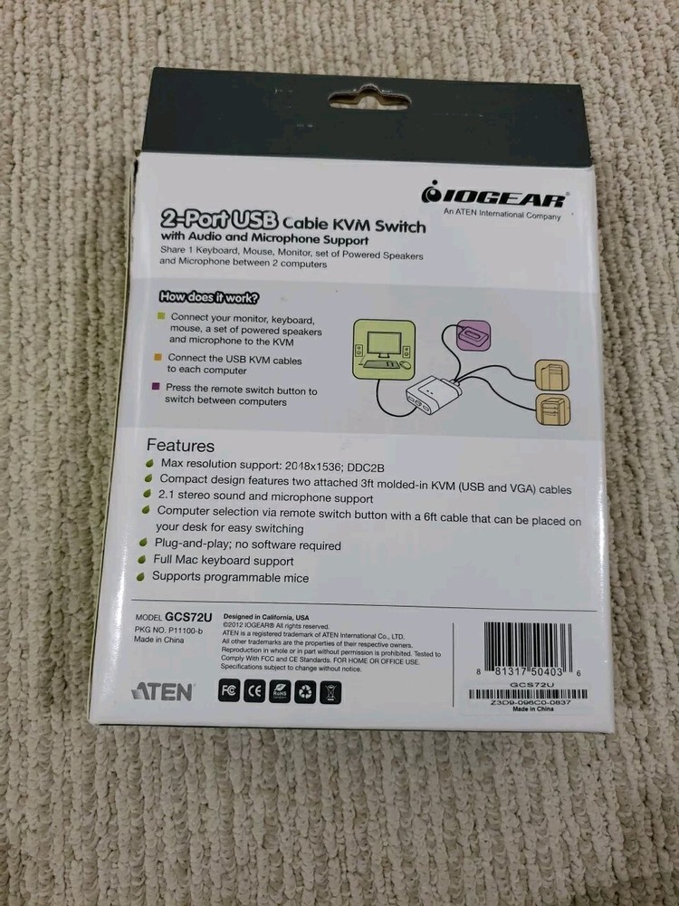 IOGear GCS72U 2-Ports USB Cable KVM Switch, Share Everything W 2 Computers 🖥