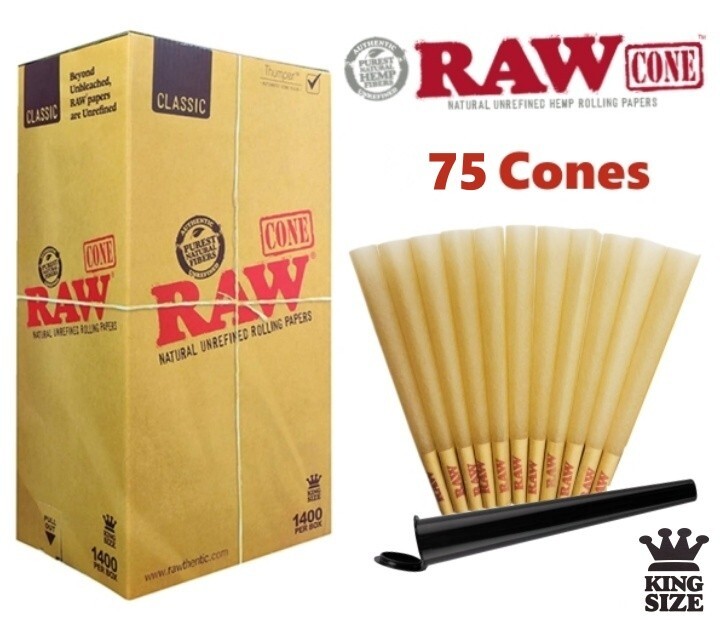 Authentic RAW Classic King Size Pre-Rolled Cones 75 Pack & Lighter US