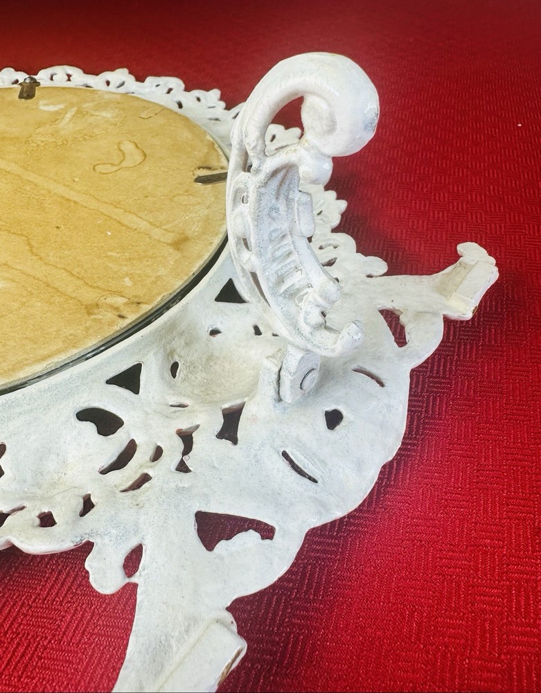 Large Ornate White Cast Iron Vanity Mirror Scroll Frame Tabletop Easel Stand