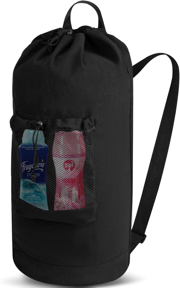 Canvas backpack laundry bag, laundry backpack with shoulder straps and mesh p...