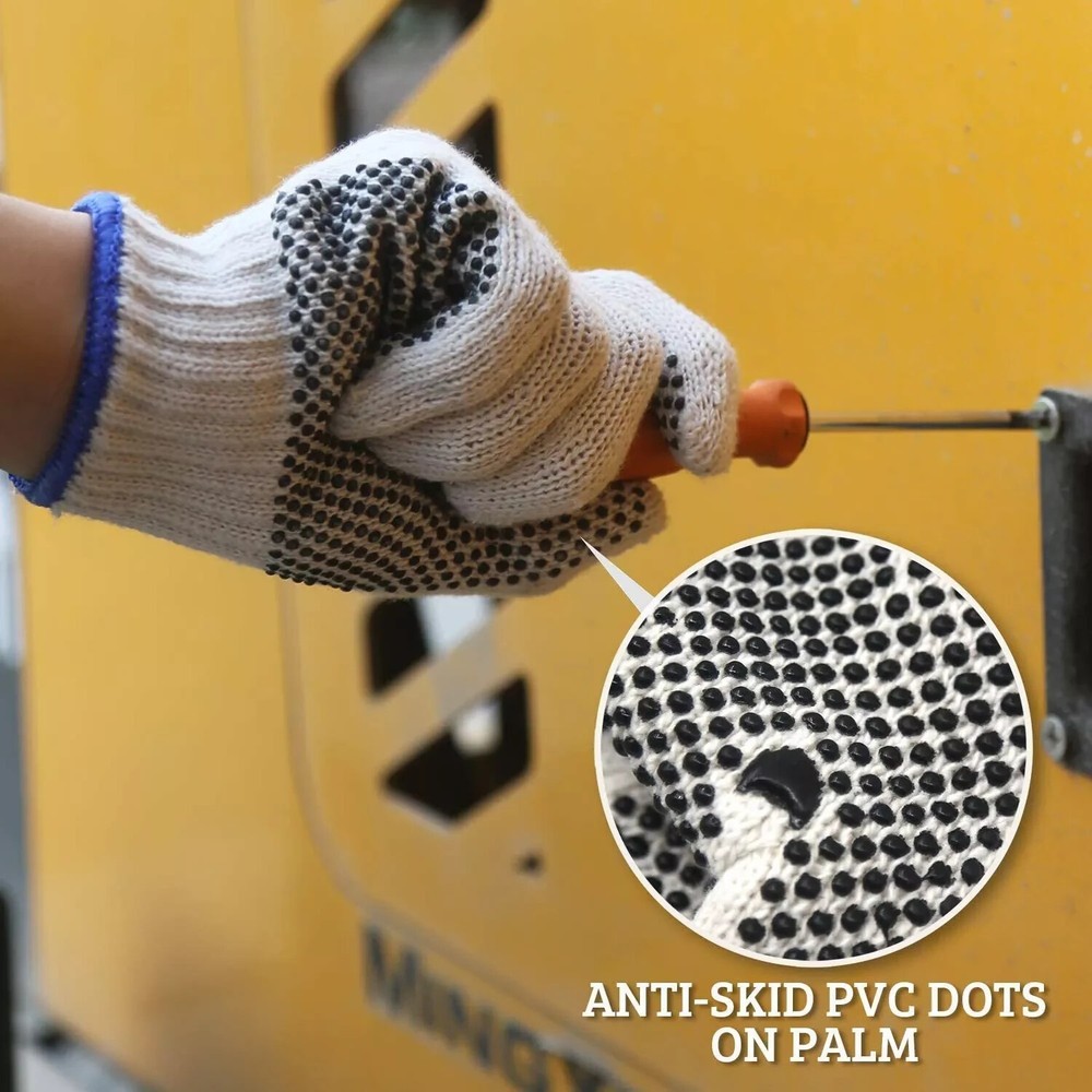 12 Pairs Wear Cotton Polyester String Knit Work Gloves With One Side Dots MEDIUM