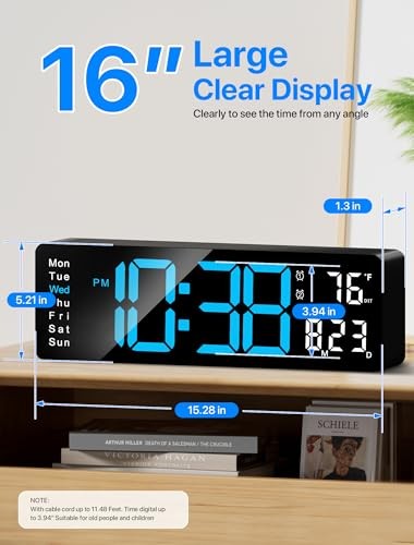 Digital Wall Clock, 16" Large Display Digital Clock with Remote Control, Blue