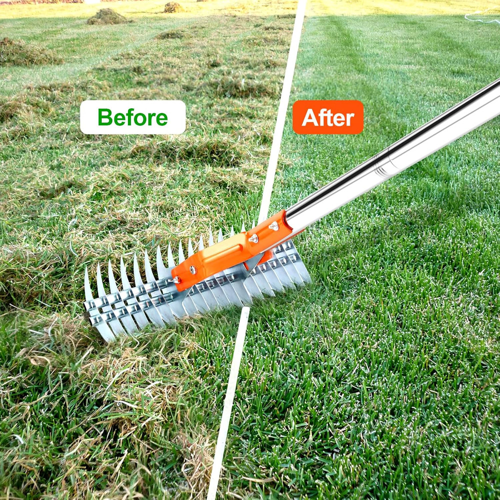 Thatch Rake, 15 Inch Lawn Thatching Rake, Heavy-Duty Dethatcher Rake with Gloves